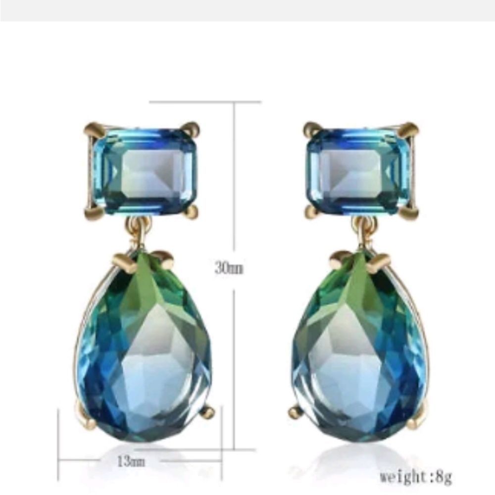 Blue Green Ombre Crystal Rhinestones Drop Dangle Earrings - Picture 3 of 4